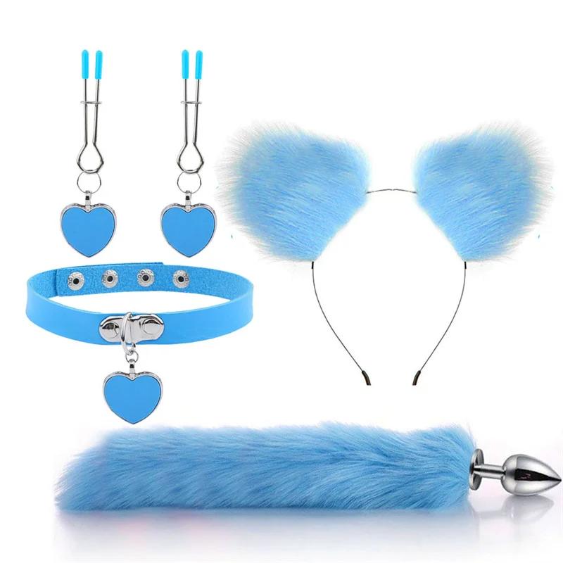 Anal Sex Toys Fox Tail Butt Plug Sexy Plush Cat Ear Headband With Bells Necklace Set Massage Sex Toys For Women Couples Cosplay