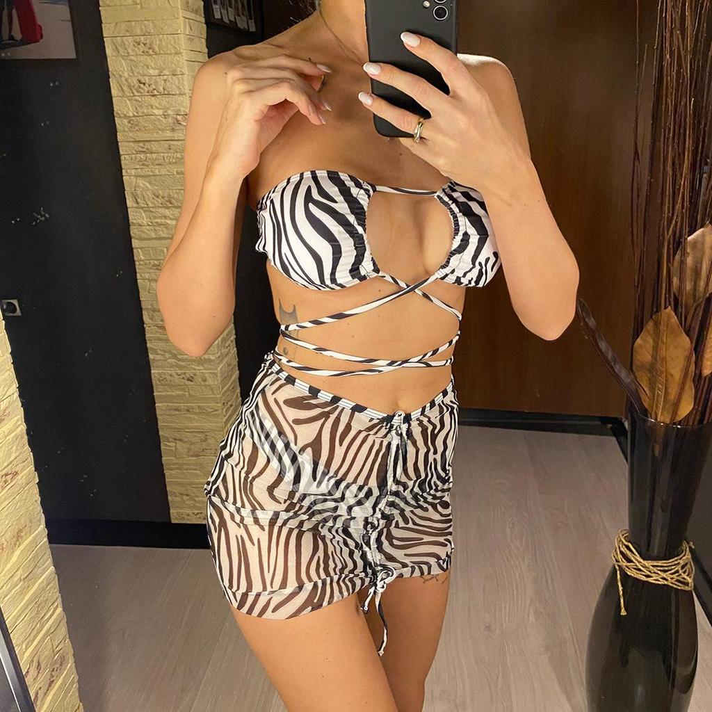 Novinka Se sukní Zebra Potištěný Zavinovač Kolem Bikin Dámské Plavky Dámské Plavky Třídílné Bikiny Souprava Koupání Plavky