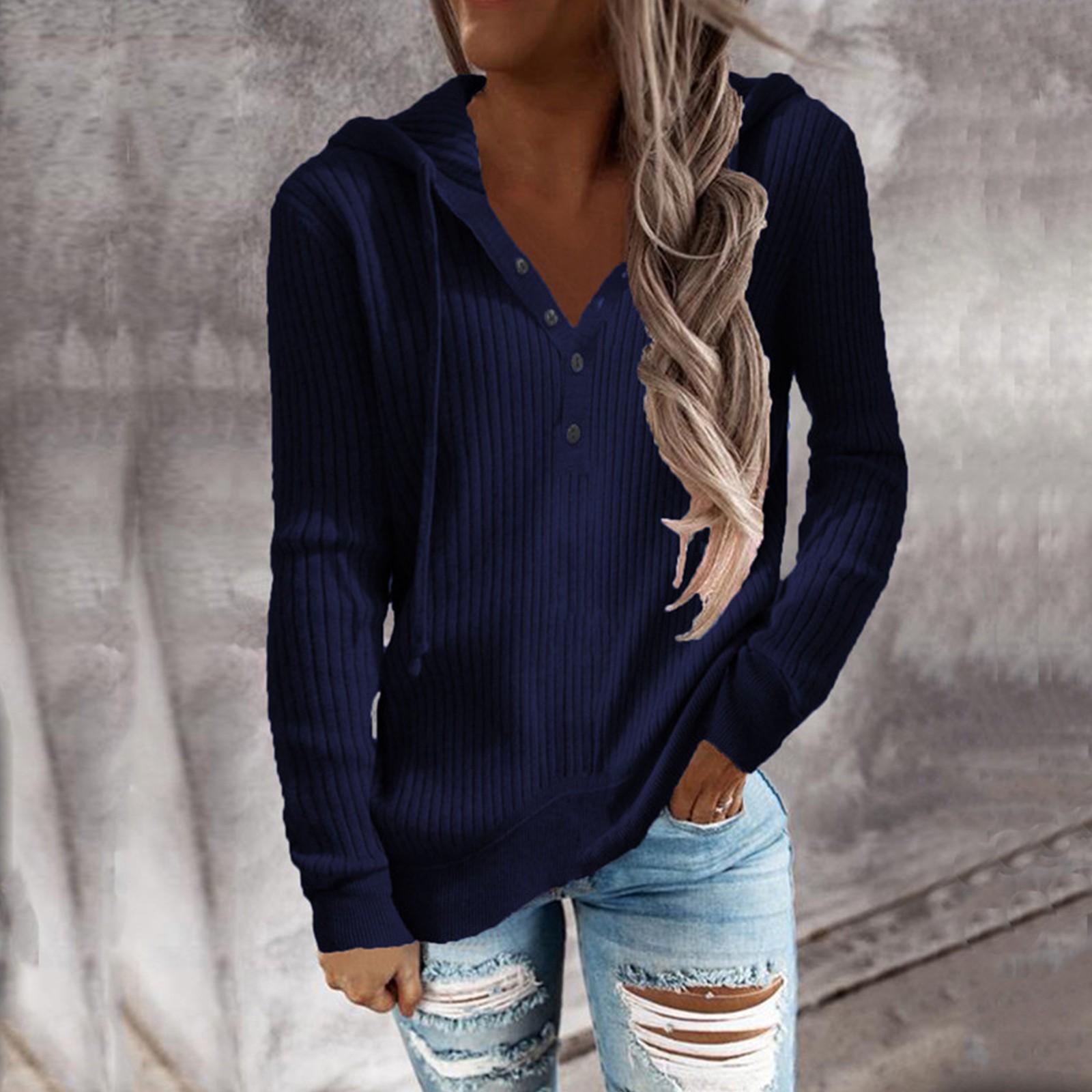 

Женская Повседневная Цветная V-образный вырез Пуговицы Шнурок С капюшоном Свободная Длинный рукав L тёмно-синий