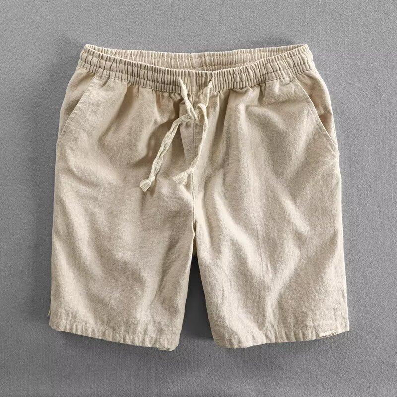 Summer Light and Thin Ramie Shorts Solid Color Simple Elastic Drawstring Cotton Beach Casual Loose Five-point Pants Men