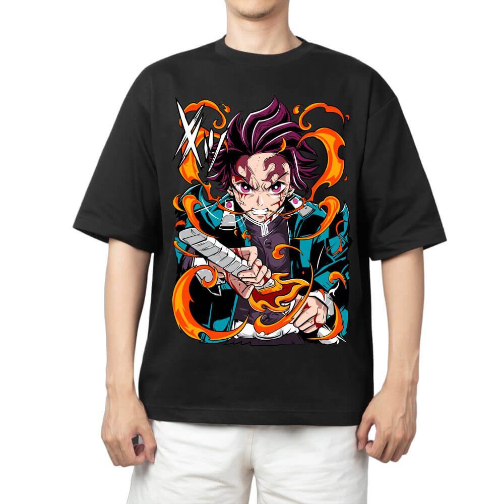 Demon Slayer Tanjiro Kamado Hinokami Kagura Flame Circle Anime Print T Shirt Men 2026 Summer Casual Streetwear Oversized Cotton