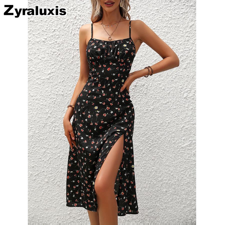 Trendy Summer New Dress Imported Sexy Halter Slit Floral Sundress