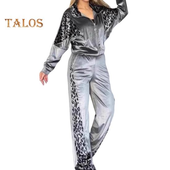 

Женские бархатные спортивные костюмы с леопардовым принтом, состоящий из двух частей, для отдыха, толстовка на молнии и спортивные штаны с карманами M серый