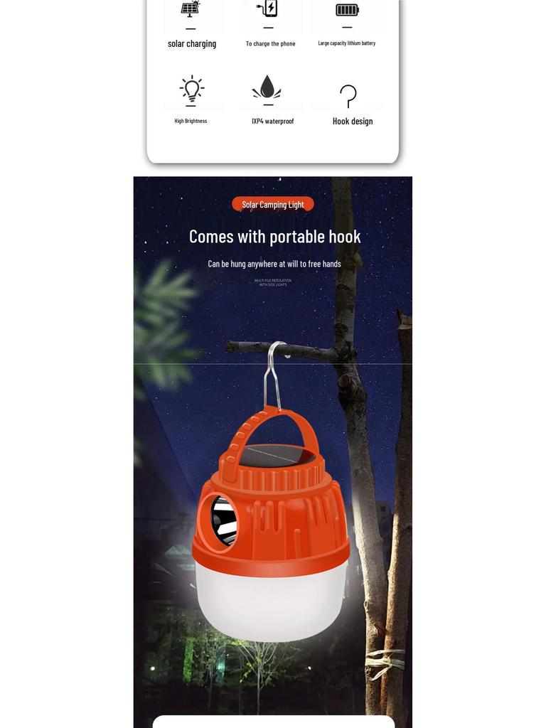 Solar Rechargeable Camping Light with Ultra-Long Battery Life for Emergency and Mobile Use.