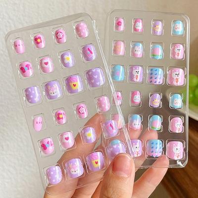 24Pcs Crianças Unhas Postiças Kawaii Crianças Unhas Postiças Arte Adesivos Conjunto Criativo DIY Kit de Unhas para Decoração de Unhas