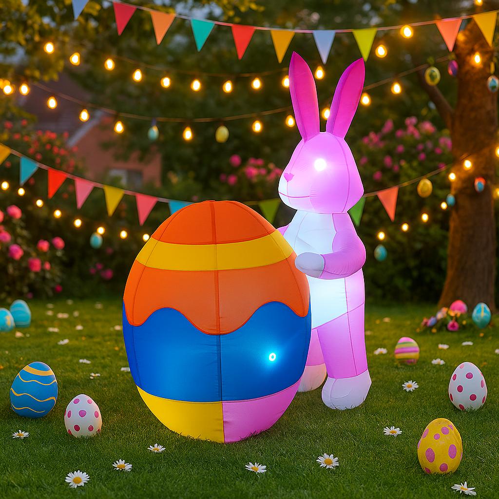 1.8M/5.9FT Inflatable Model Easter Holiday Festival Rabbit Support Easter Egg DIY Decoration Outdoor Garden Yard LED Light Decor