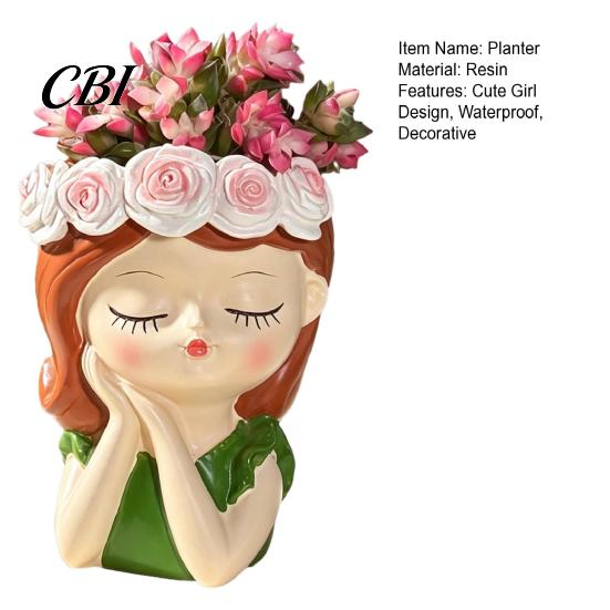 Succulents Planter Pot Cute Girl Resin Planter, Head with Rose Garland, Plant Container Decorative for Cactus Indoor Desk Decor Whimsical Home