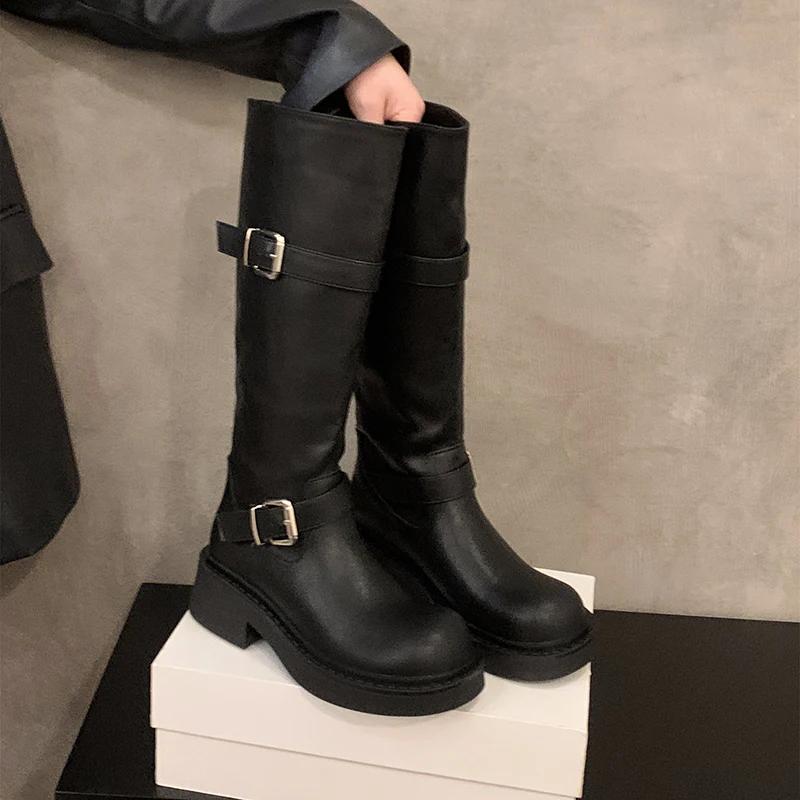 Winter Women Knee High Boots Fashion Belt Buckle Knight Long Booties Designer Square Heels Botas De Mujer