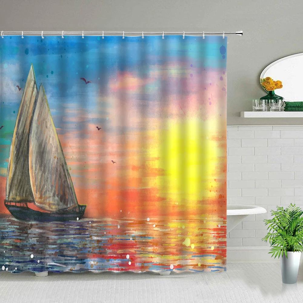 Sailboat Ocean Scenery Bathroom Shower Curtains Oil Painting Landscape Waterproof Bath Curtain Bathtub Decor Cloth Set With Hook