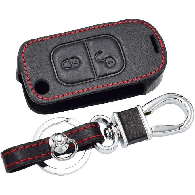 

Leather Car Key Fob Cover Holder Remote Case 2 Button for Mercedes Benz 2005 2008 2010 2011 2013 2015 2016 2017 Red Stitching & Black Lea