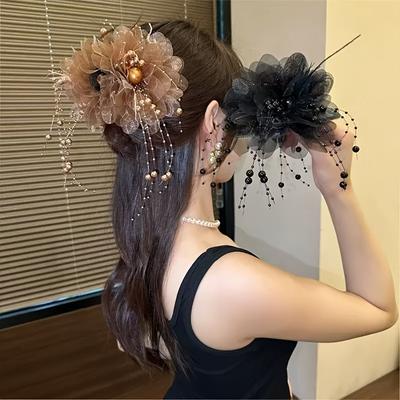 1pc Elegant Bohemian Peony Flower Hair Clip with Mesh & Beaded Details - Non-Slip Shark Claw Design for Bridal & Wedding Hairstyles, Coffee/Black