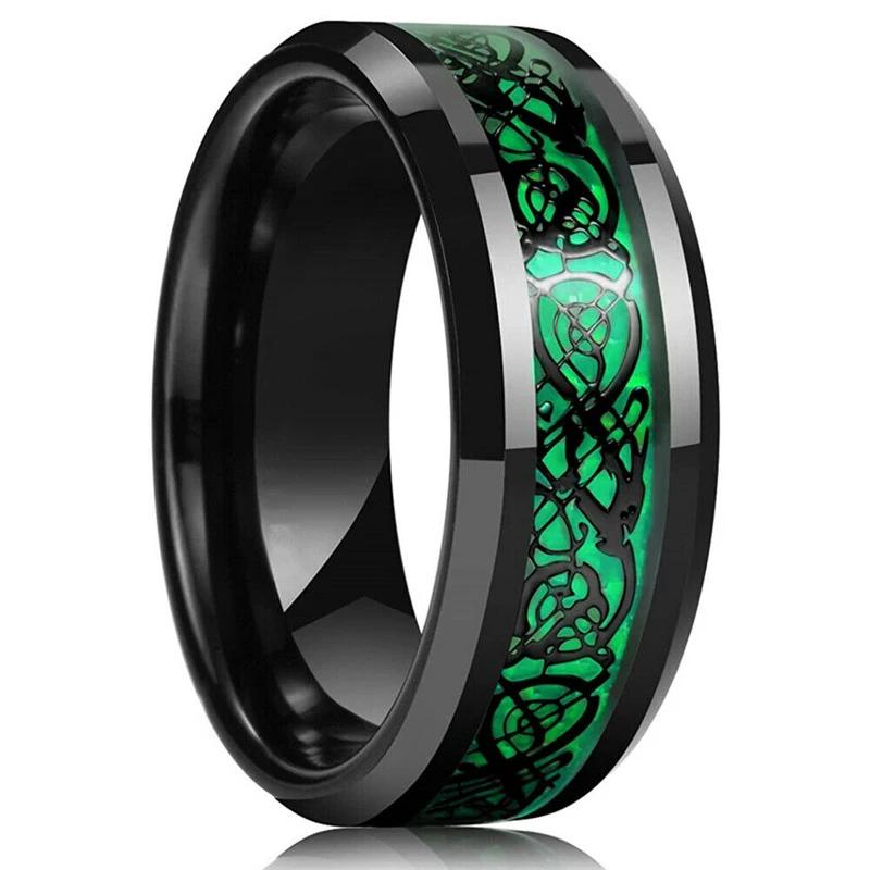 Fashion 8mm Men's Stainless Steel Celtic Dragon Ring Inlay Red Green Black Carbon Fiber Ring Wedding Band Charm Jewelry Gifts