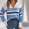 Women Autumn Winter Casual Polo Collar Contrast Stripe Long Sleeve Knit Pullover Sweater