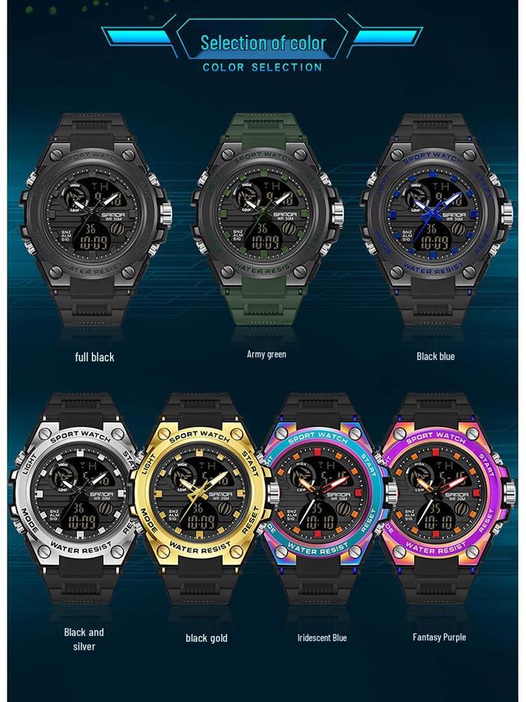 Sanda Multifunctional Sports Watch for Teen Boys: Dual Display, Luminous, Waterproof, with Alarm