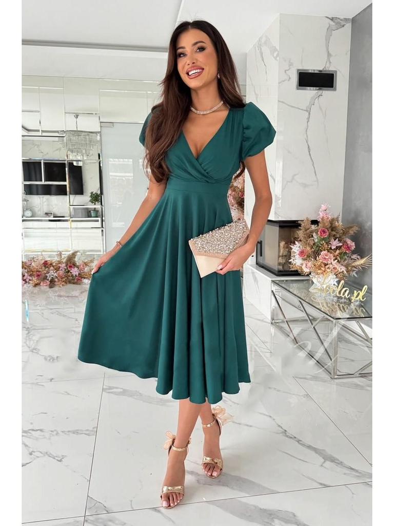 Temu Women's Sexy V-Neck Solid Color Mid-Calf Dress - European American Style