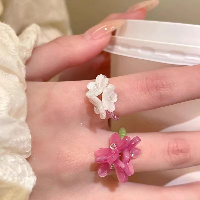 Flower Stacked Flower Ring for Women In Early Spring Countryside Style Elastic Beaded Finger Ring