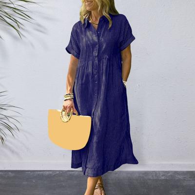 Yousheng Striped Lapel Button Down Shirt Dress with Pockets Summer Casual Short Sleeve A-line Long Shift Beach Dress for Women