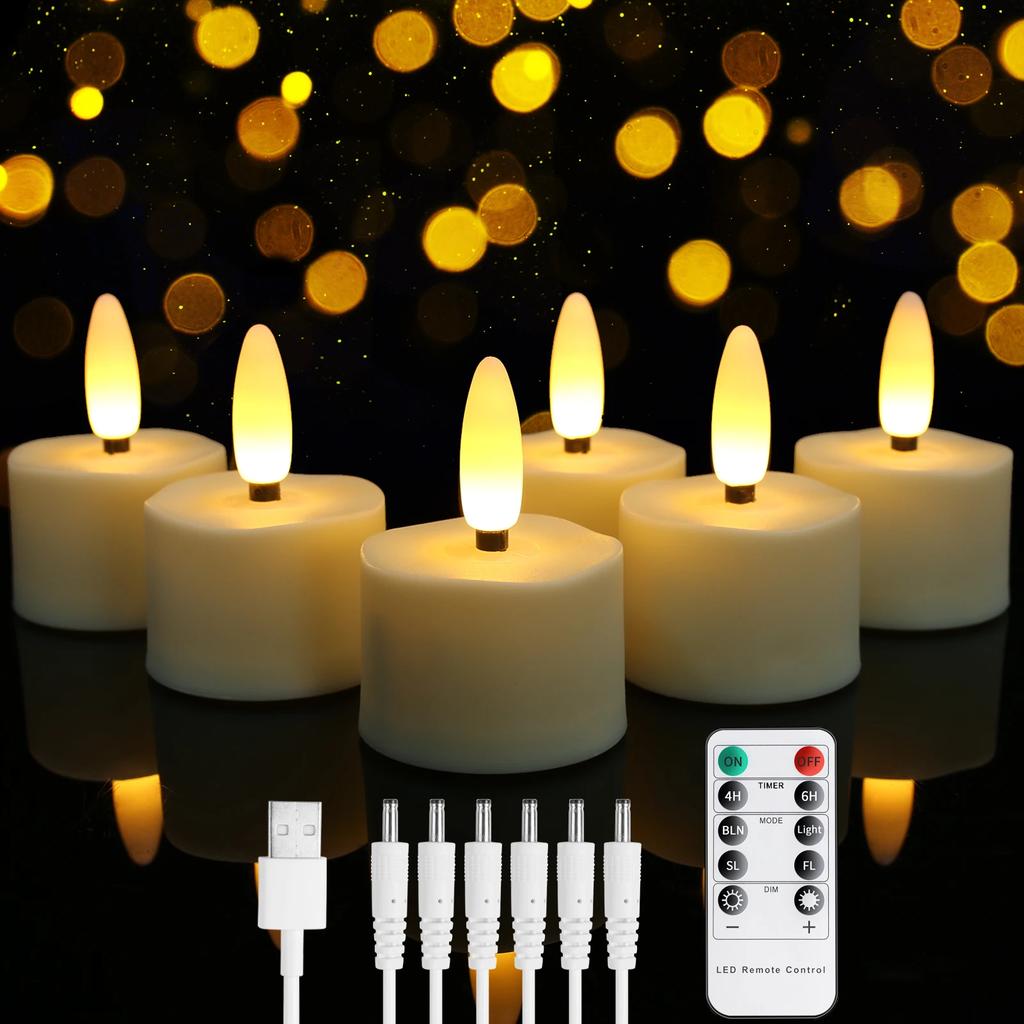 Rechargeable Flameless Tea Light Candles with Remote & USB Charging Cable Timer LED Flickering Plastic Votive Tealight Candles