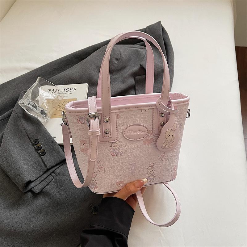Textured Foreign Gas Bucket Bag Women's 2025 New Cartoon Printed Portable Shoulder Bag Fashionable Splicing Commuter Messenger Bag