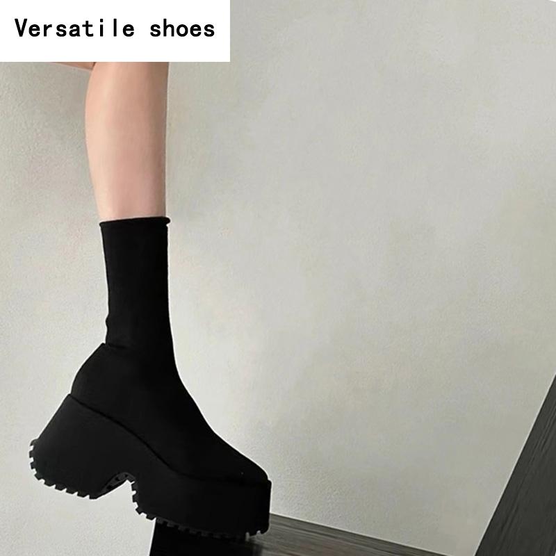 Punk Style Platform Women Ankle Boots Fashion Stretch Slim Shoes Autumn Winter Thick Heel Ladies Elegant Short Booties