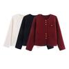 Kaslead New Women clothes Western Style Three Buckles round Neck Knitted Long sleeve Sweater Outerwear Cardigan