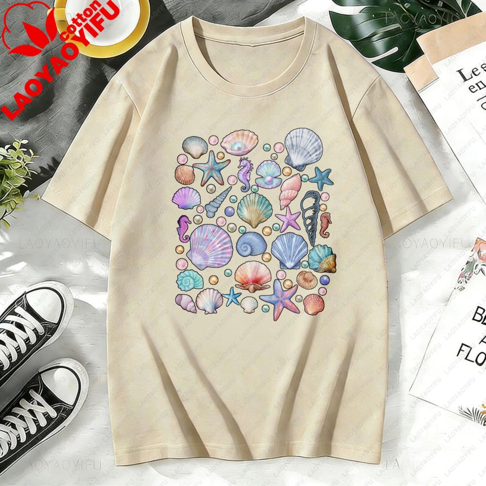 Seashell Pattern Unisex Tshirt Casual Fashion Summer Cotton Short Sleeve Oneck Hot Sale Tops Beach Vacation Clothing Gift Tee