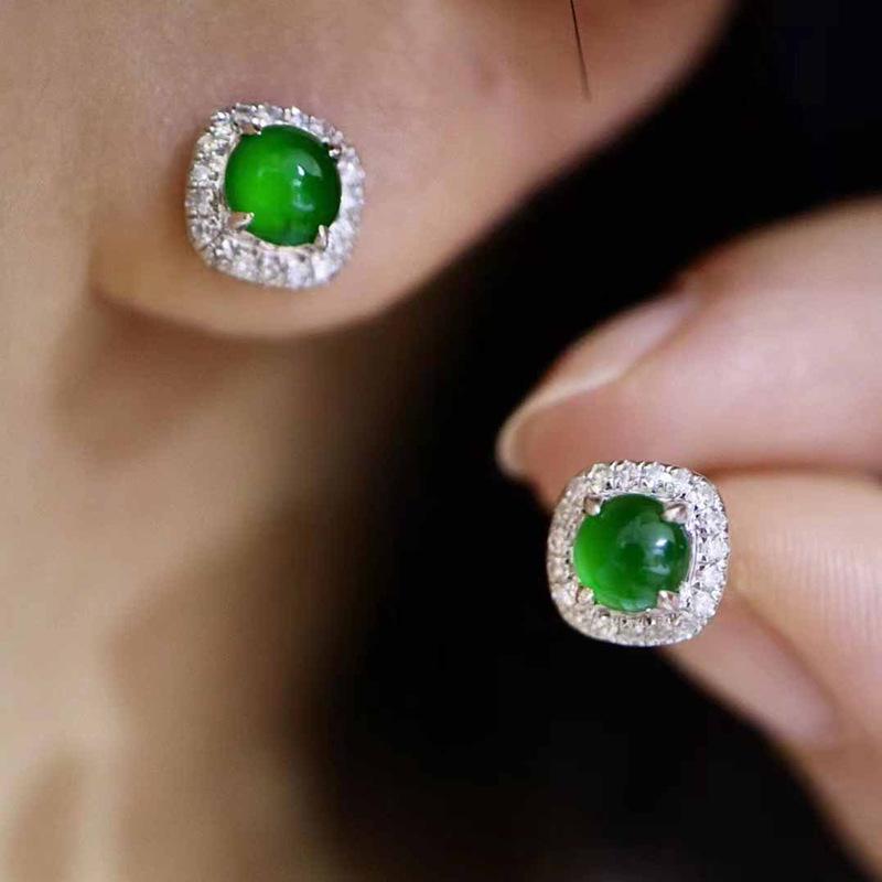 Natural Chalcedony Green Square Earrings for Women Retro Inlay Diamonds Small Round Bead Earings Stud Fashion Jewelry