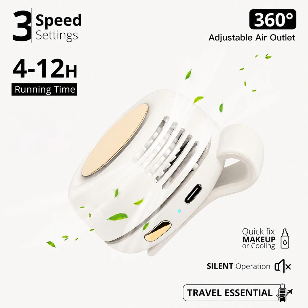 Mini Whirlwind Leafless Fan 3-Speed Silent Strong Wind USB Rechargeable Handsfree Waist Clip Handheld for Outdoor Travel Hiking