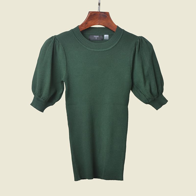 French Style Retro Puff Sleeve Silm Knitwear Thread Half Sleeve Low round Neck Pure Color Elegant Export Tops T-shirt