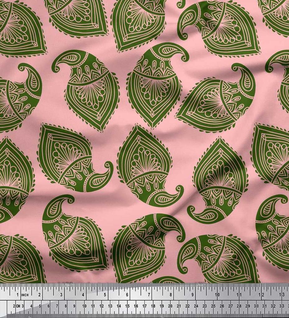 Soimoi Blue Japan Crepe Satin Fabric Green Paisley Printed Craft Fabric by the metre 42 Inch