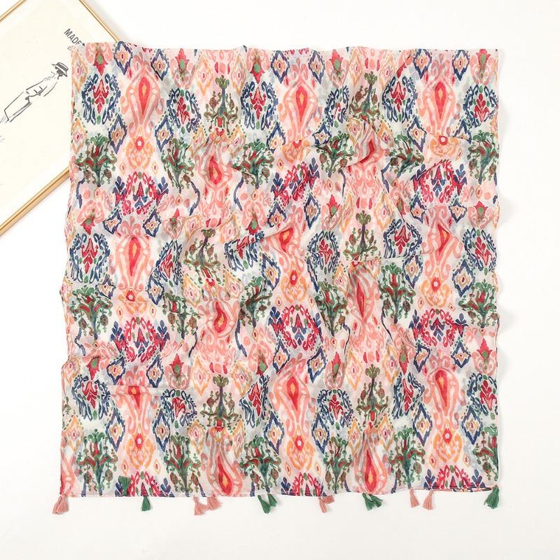 Spring and Autumn New Bali Yarn Tassel Retro Printed Geometric Scarf Versatile Fashion Travel Sunscreen Shawl Silk Scarf Women
