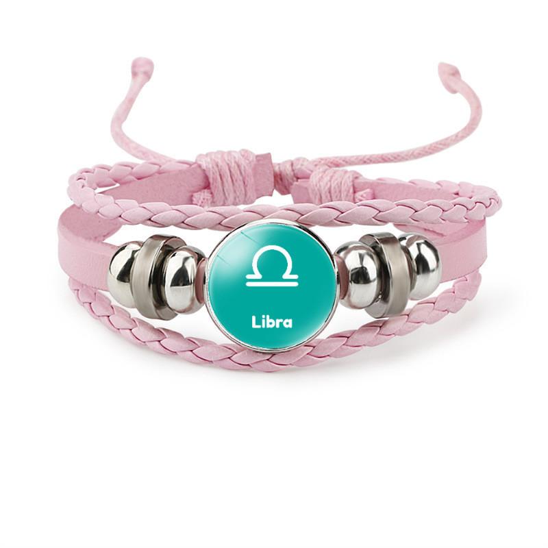 Fashionable Zodiac Sign Pink Leather Bracelet Handcrafted Multi-layer Design