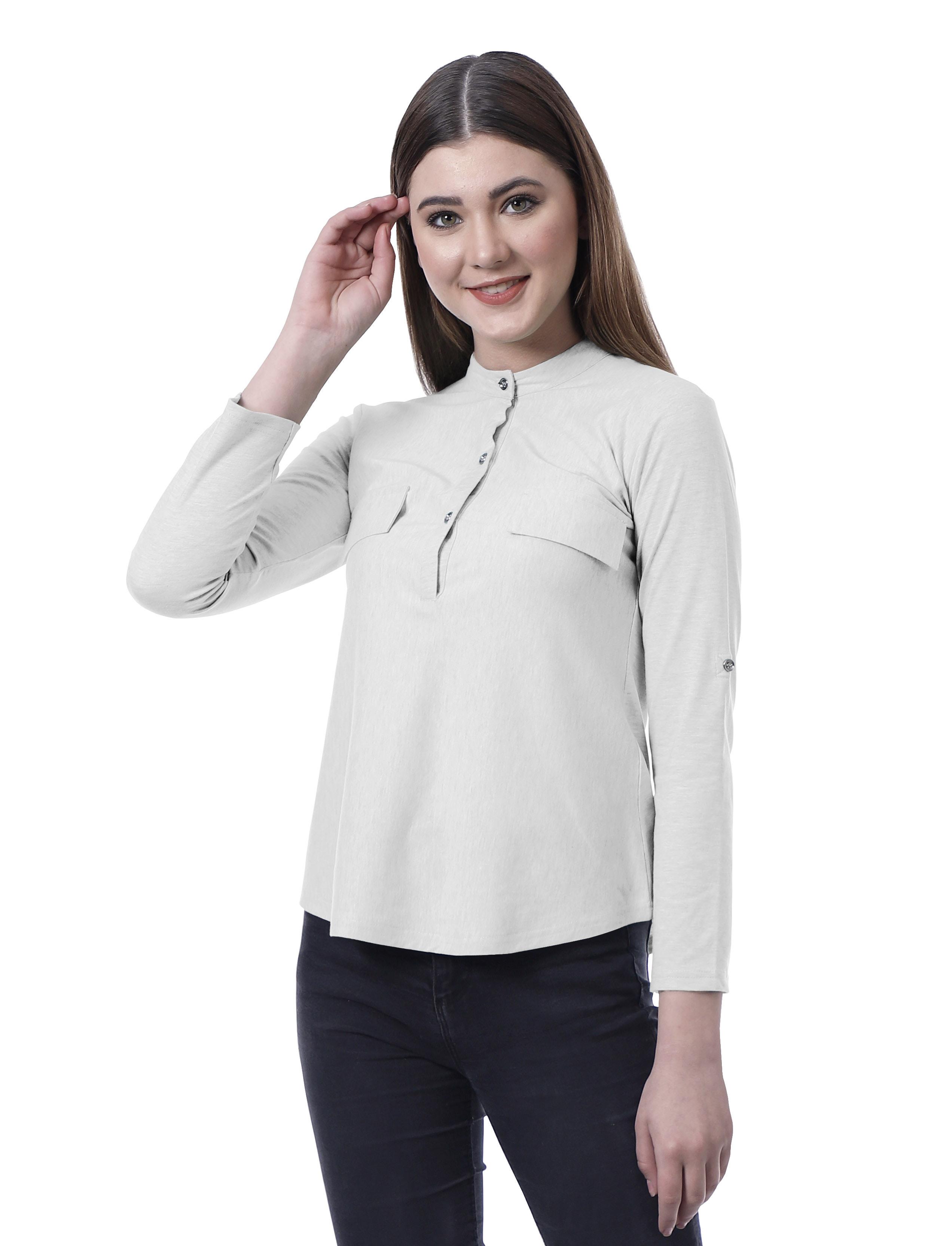 

Moomaya Womens Mandarian Band Collar Full Sleeves Top Summer Fit Casual Tee XS білий