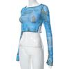 Frauen Casual Langarm T-shirt Mode Druck Mesh Garn Freigelegten Nabel Split Tops