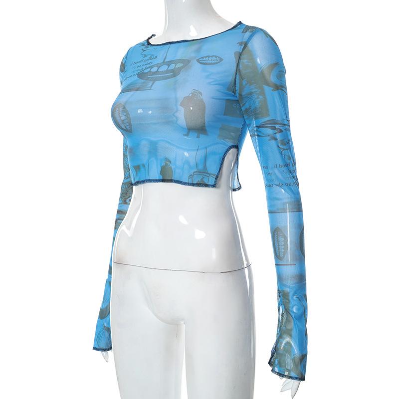 Dámské ležérní tričko s dlouhým rukávem Móda Potisk Síťovaná příze Odhalený topy s pupíkem