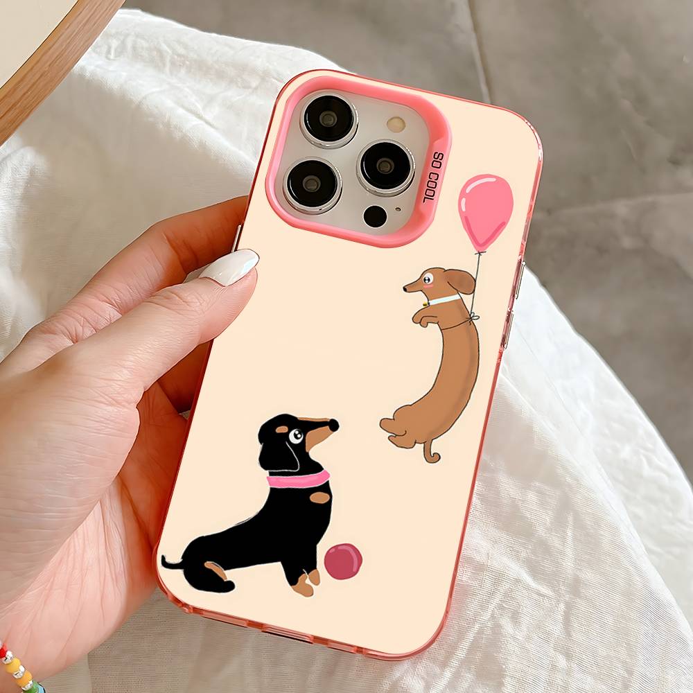 Dachshund Cartoon Case For iPhone 16,15,14,13,12,11,Pro,Max,Plus,Mini,SE Anti Fall Pink Matte Hard Bumper