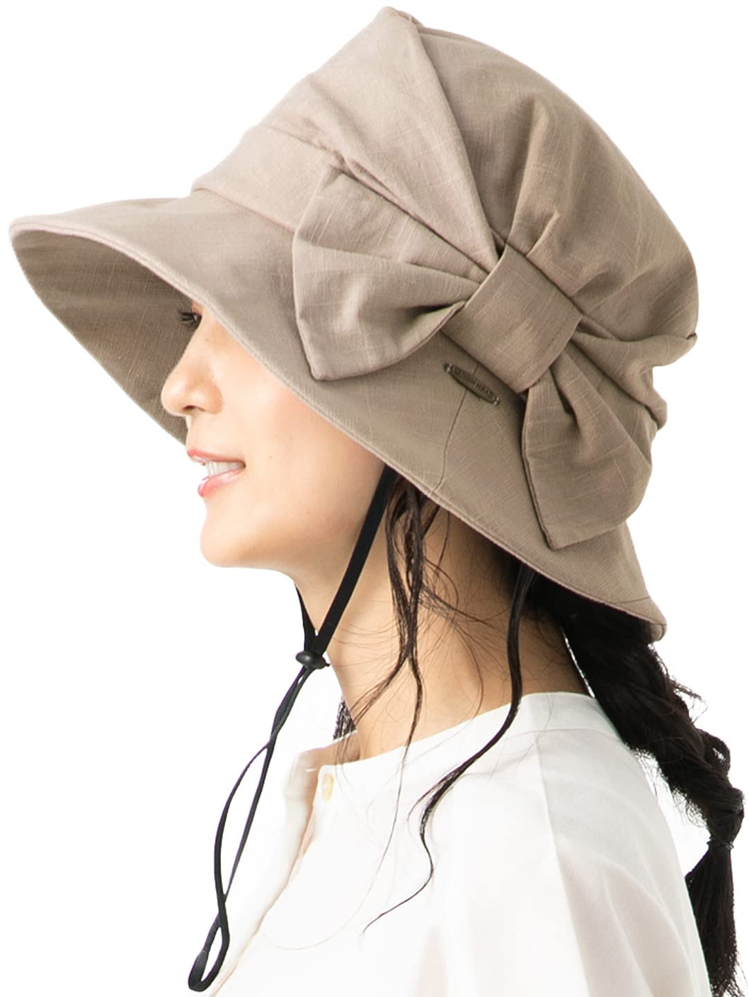 

Шляпа с широкими полями и защитой от УФ-лучей Queen Head с боковыми лентами для маленького плюс лица, шляпа актрисы, женские размеры, защита, [XL 58.5-61см - Латте]