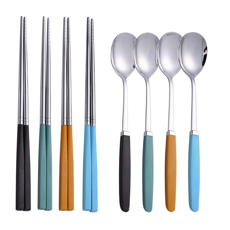 8Pcs Korean Dishware Collection Premium Silverware Collection 304 Stainless-steel Meal Collection Colors Spoon Dinnerware Spoon Chopsticks Silverware