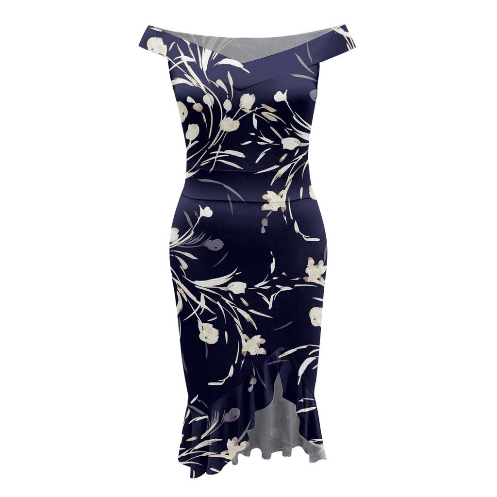 Women's Casual Party Dresses Flower Print Irregular Hem One Shoulder Sexy Backless Mermaid Dress