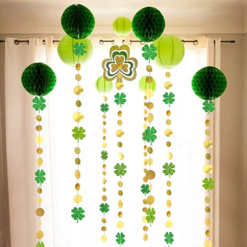 Cheerland Green Shamrock Garland St Patricks Day Decorations 4 Leaf Clover Glitter St Paddy's Day Garland Hanging Streamers for St. Patrick's Day