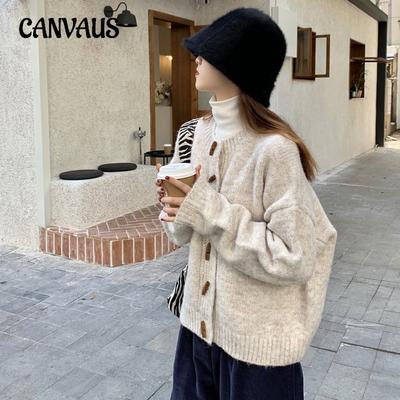 Pulover de damă de toamnă și iarnă, retro, culoare uni, corn de bou, cu nasturi, jachetă, leneș, moale, cu gât rotund, tricotat, cardigan, îmbrăcăminte exterioară