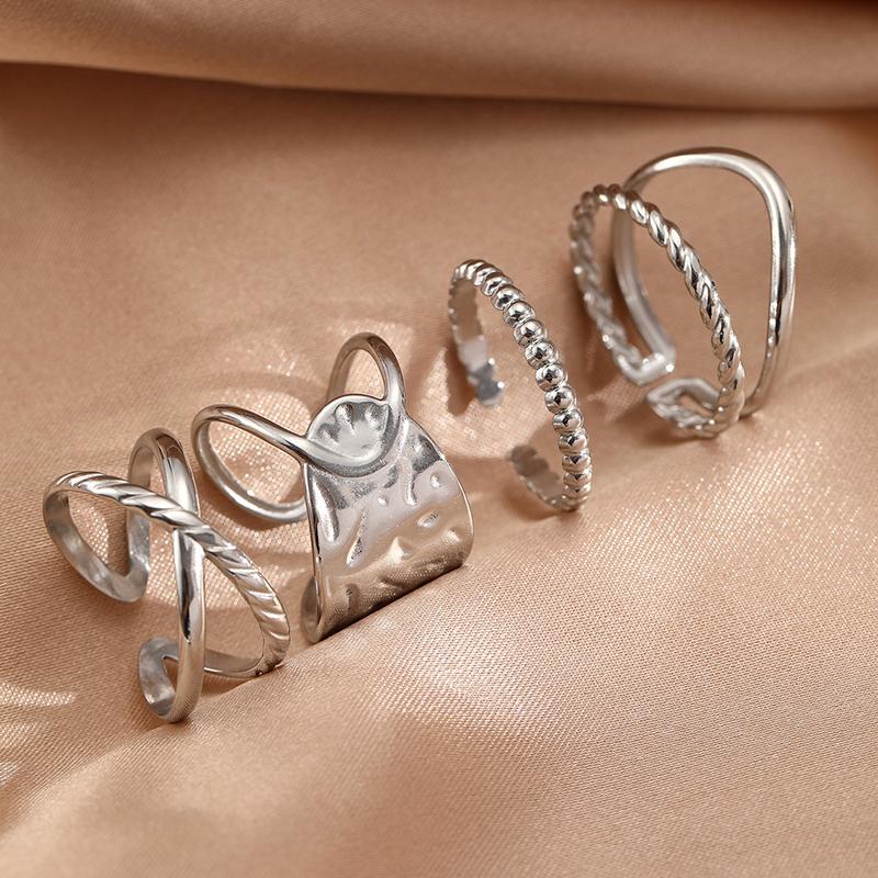 Stainless Steel Cross Geometric Open Ring Set for Women Hip-Hop Twisted Metal Lines Stacked Rings Personality Party Jewelry Gift