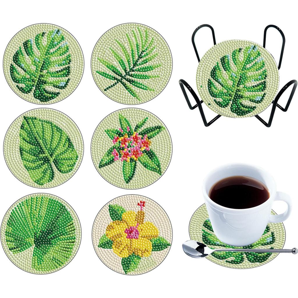 6PCS Diamond Painting Coasters Kits Mandara Wooden Diamond Crafts Coasters Fresh Greenery Diamond DIY Coasters Romantic Red Rose