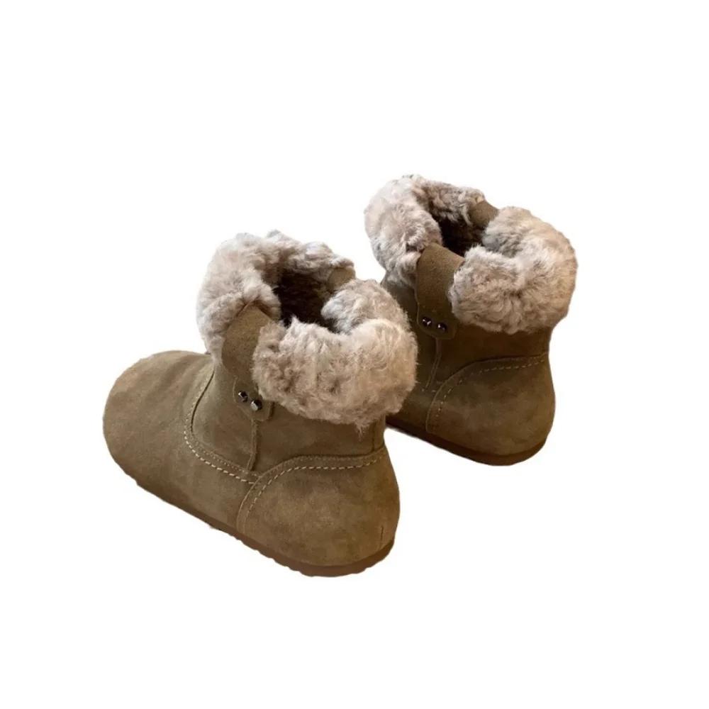 Women's Boots Faux Fur Flat Ankle Mid-Calf Cowhide Vintage Buckle Boots Cotton Shoes for Women