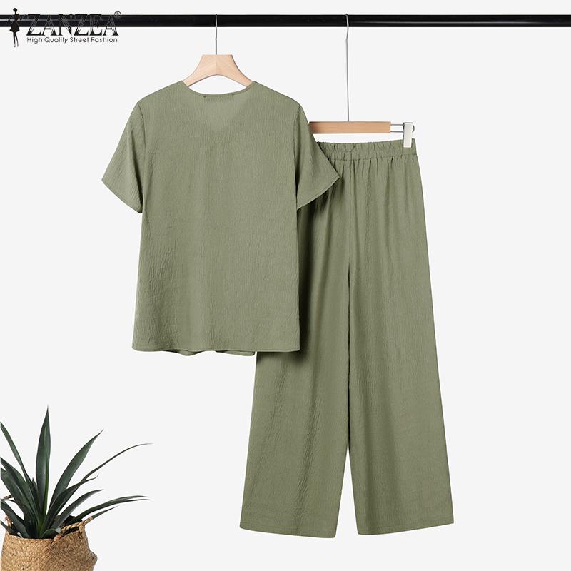 ZANZEA Women Short Sleeve Blouse and Cropped Pants Summer Two Piece Suit Sets