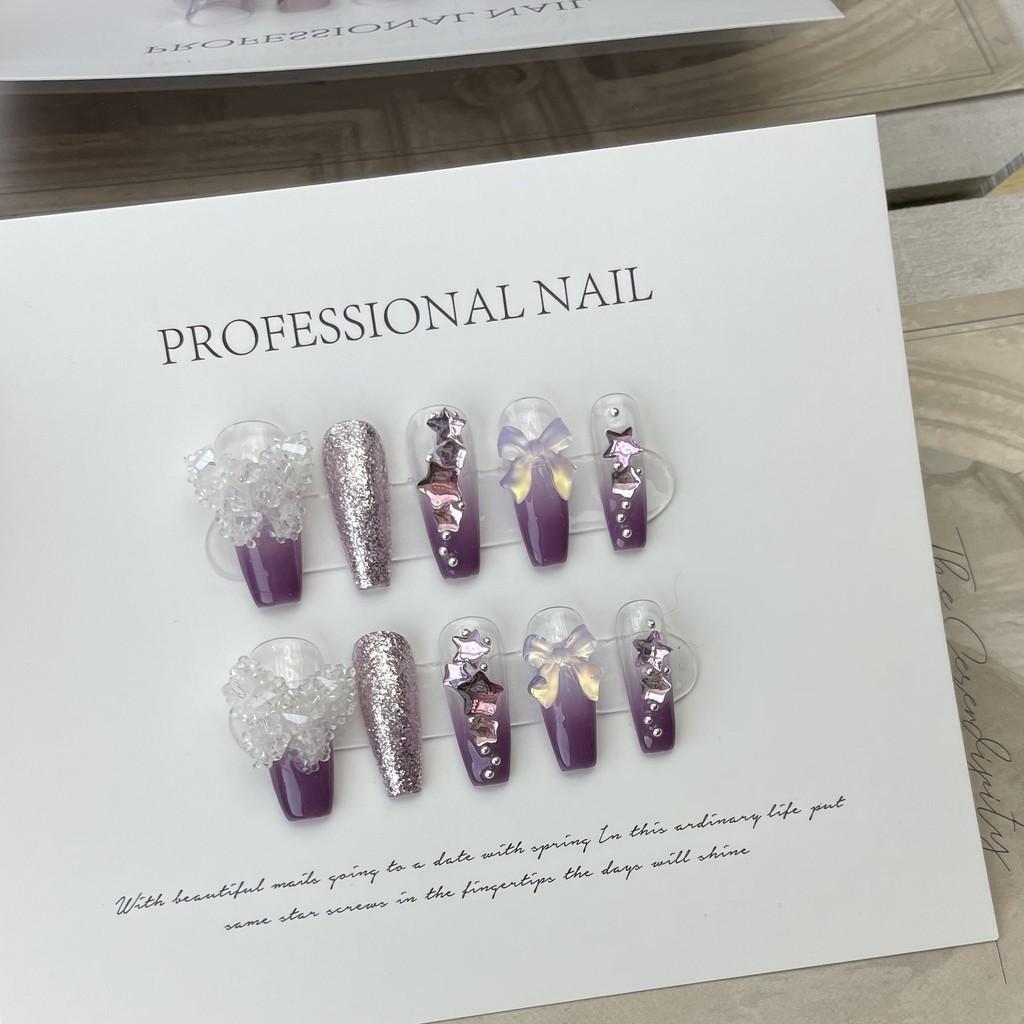 

Gradient Nail Artificial Purple Crystal Butterfly Mid Length Wearable Manicure M