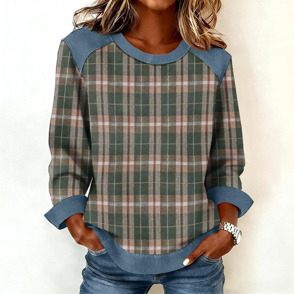 Women Denim Collar Patchwork Stitching Sweatshirt Casual  Pullover Long Sleeve Shirts