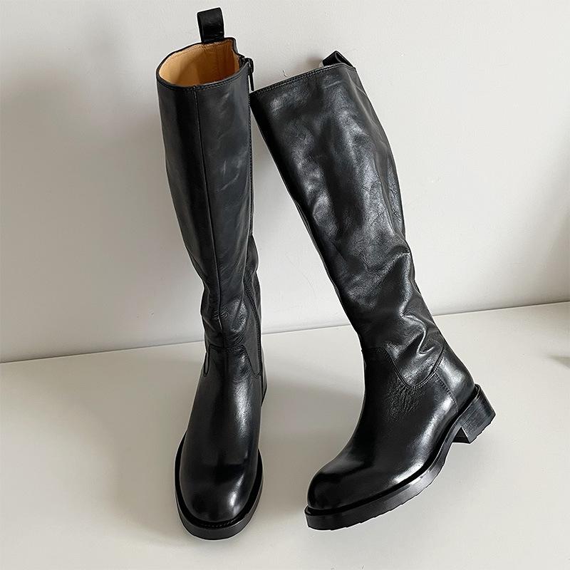 

Сапоги 2025 новые женские осенне-зимние старые вымытые конская кожа толстый каблук боковая молния рыцарские сапоги на толстой подошве 40 чёрный