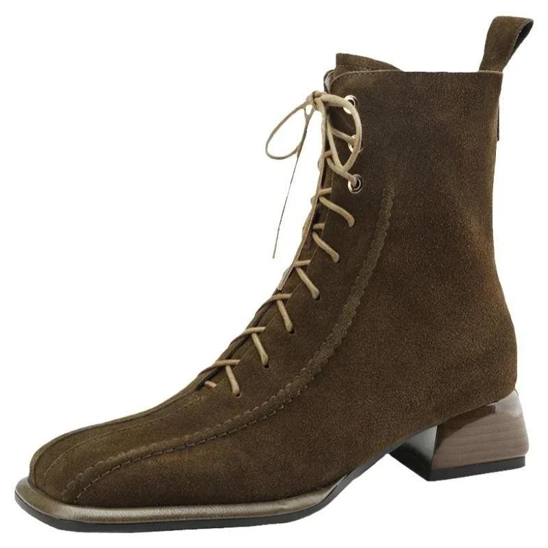 Short Boots Women's 2024 Autumn/Winter Frosted Square Headed with Cross Heel Strap for Slim Naked Boots Women's Boot