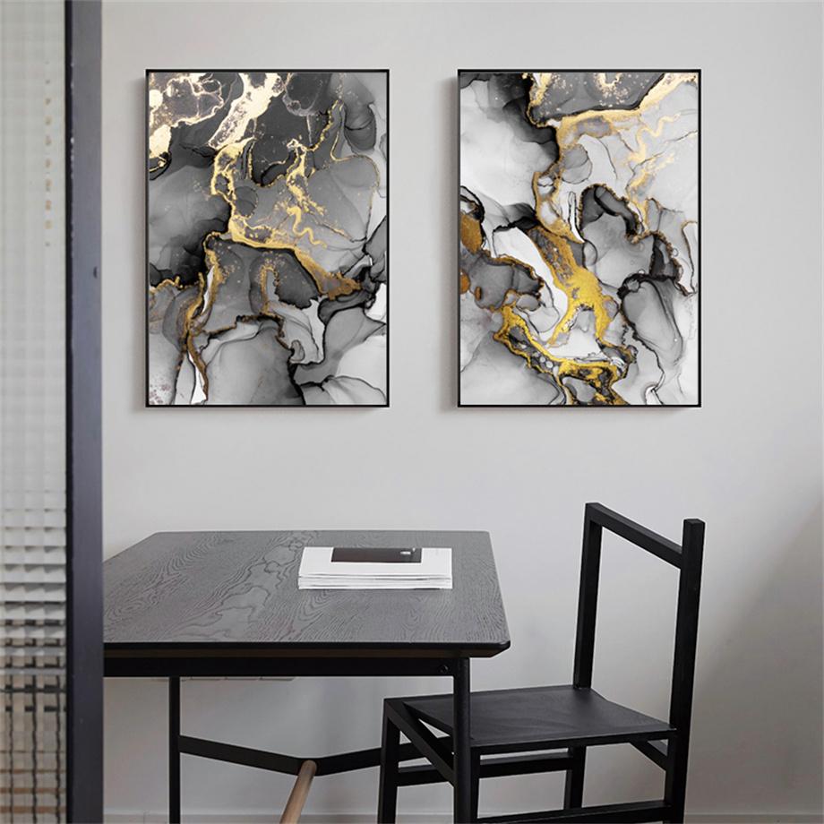 Black Gold Abstract Canvas Painting Gilt Marble Posters And Prints Modern Minimalist Modular HD Pictures Living Room Home Decor
